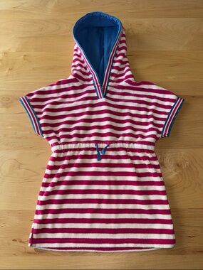 Mini Boden Girls Pink Striped Terry Cloth Swim Cover up with Hood, 2-3 years
